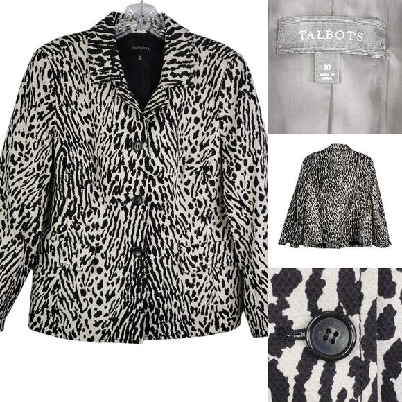 Talbots Blazer Womens Size 10 Medium Cotton Jacket Animal Print Black White - Picture 1 of 7